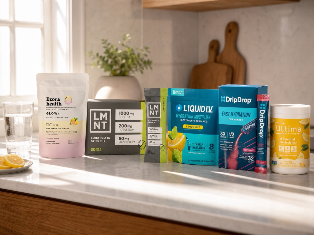 Real electrolyte products — Ezora health Glow+, LMNT, Liquid I.V., DripDrop and Ultima — arranged together on a sunlit marble kitchen counter with a glass of water and lemon slices.
