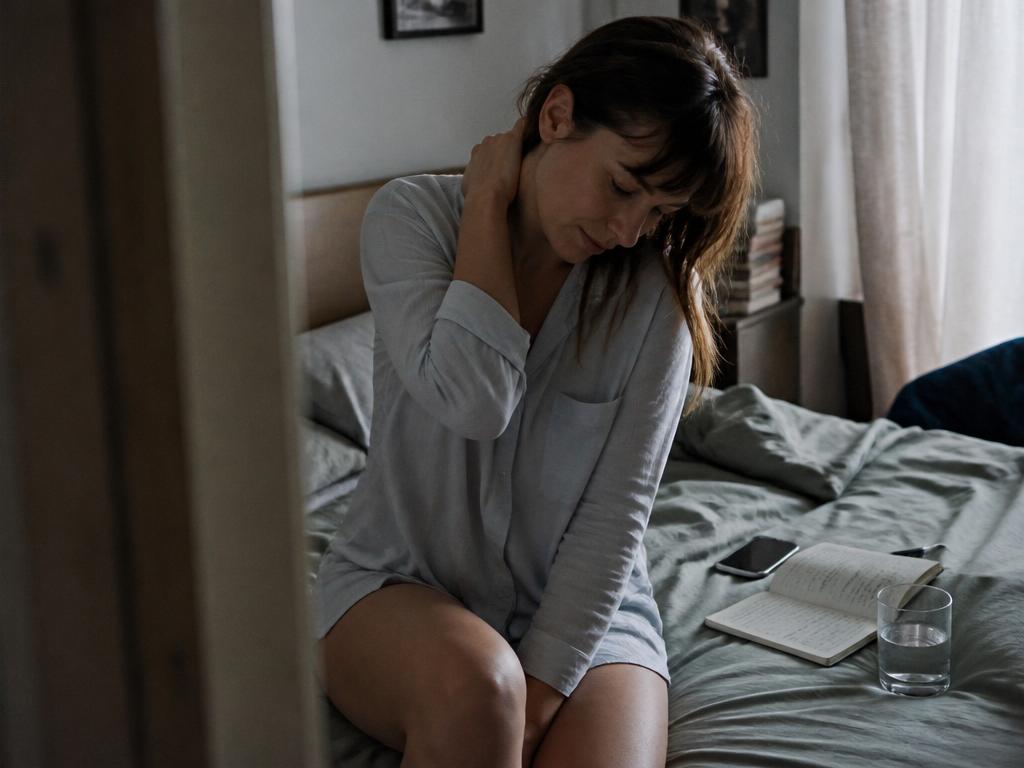 A woman in a nightshirt sits on the edge of an unmade bed in low morning light, one hand at the back of her neck, a journal and glass of water on the bedding behind her