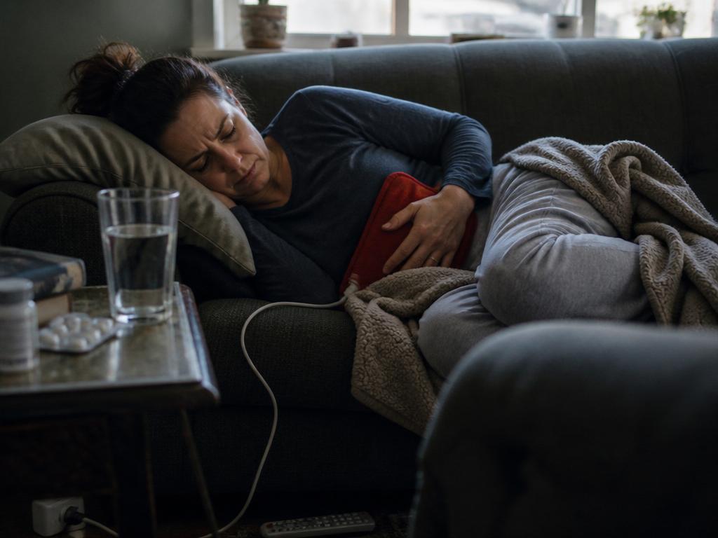 A woman lies curled on a couch under a blanket, holding a red heating pad to her abdomen, a glass of water and pill packet on the side table
