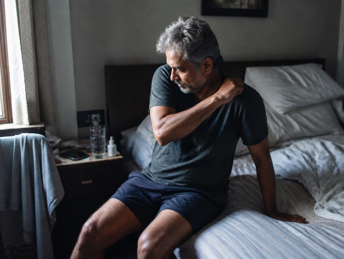 An older South Asian man with grey-flecked hair and beard sits on the edge of an unmade bed in dim morning light, reaching across to rub one shoulder as he looks down, a glass of water and phone on the nightstand beside him.