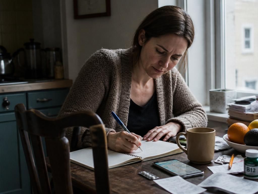 A woman in a cardigan writes in an open journal at a kitchen table, a mug, phone, pill bottle, and small fruit bowl arranged around her