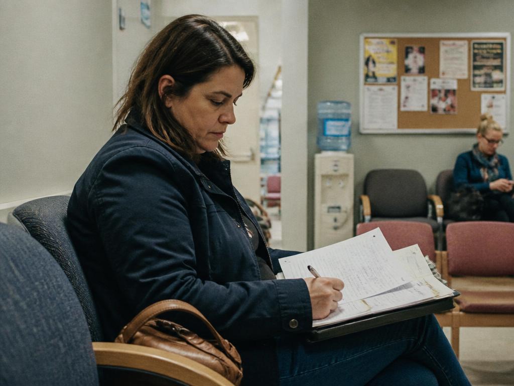 A woman in a clinic waiting room writes on a clipboard balanced on her lap, a water cooler and bulletin board of flyers behind her