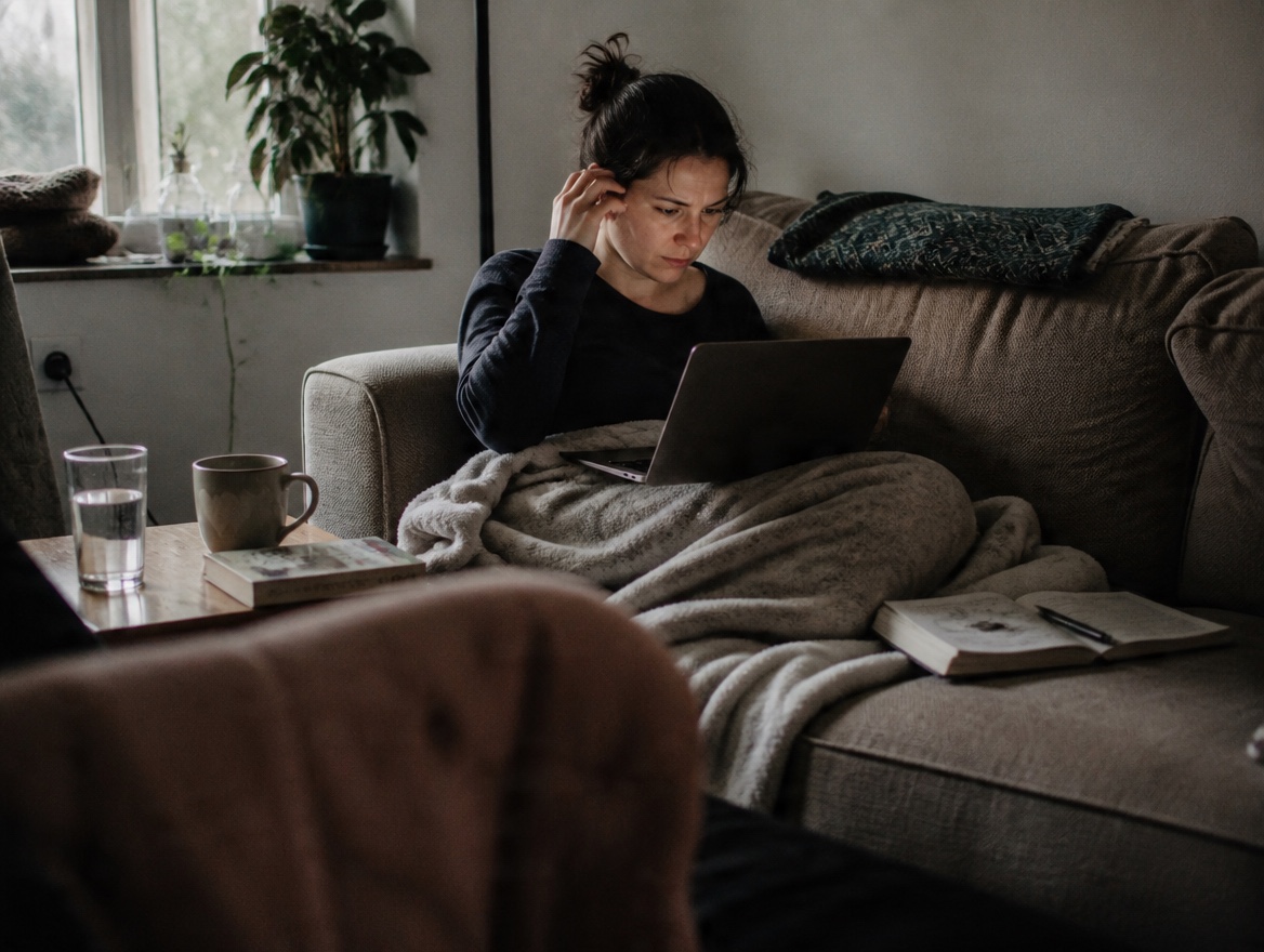 A woman in a dark sweater sits on a beige sofa under a thick blanket, reading from a laptop balanced on her knees; an open notebook and pen are on the cushion beside her, and a mug, water glass, and book sit on a small wooden side table near a houseplant-filled window.