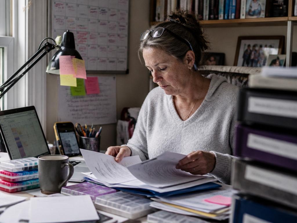 A woman at a cluttered home desk reads through a sheaf of medical notes, a laptop, stacked pill organizers, and a wall calendar with sticky notes beside her