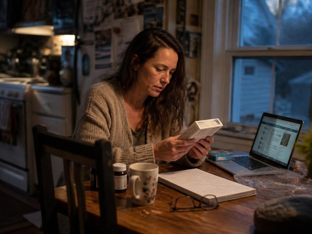 A woman in a cardigan reads the back of a medication package at a kitchen table, an open laptop showing a webpage, pill bottles and a notebook beside her