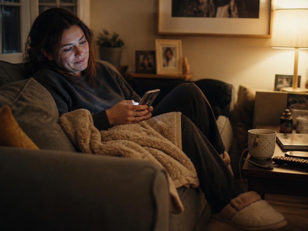 A woman wrapped in a fleece blanket sits on a couch in lamplight looking at her phone with a small smile, a mug on the side table beside her