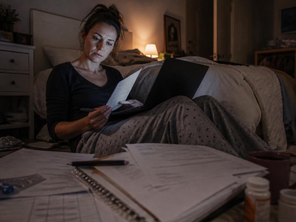 A woman propped up in bed writes notes with a laptop on her lap, a stack of paperwork and a mug visible in the foreground