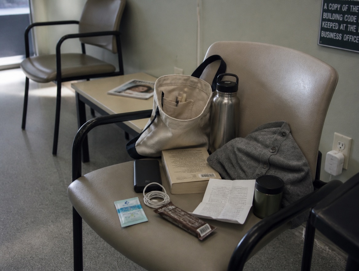 An open canvas tote bag sits on a beige vinyl waiting-room chair with its contents spread out beside it: a stainless water bottle, a folded grey cardigan, an open paperback, a small thermos, a snack bar, an electrolyte stick pack, a power bank with a coiled white cable, and a printed sheet of paper. An empty clinic chair and a side table with a magazine sit behind, with a notice on the wall and a power outlet at floor level.