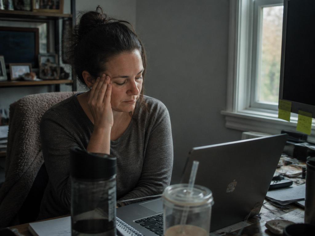 A woman at a home office desk rests one hand against her head with her eyes closed, a laptop, water bottle, and travel tumbler in front of her